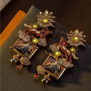 Gold-Tone Floral & Gem Drop Earrings in Olive Green